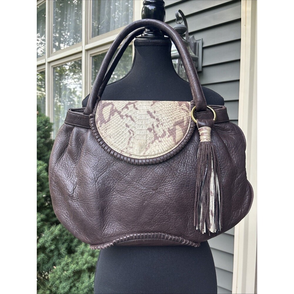 Sobella Brown Soft Pebbled Leather Boho Satchel Handbag Snakeskin Print Flap Y2K